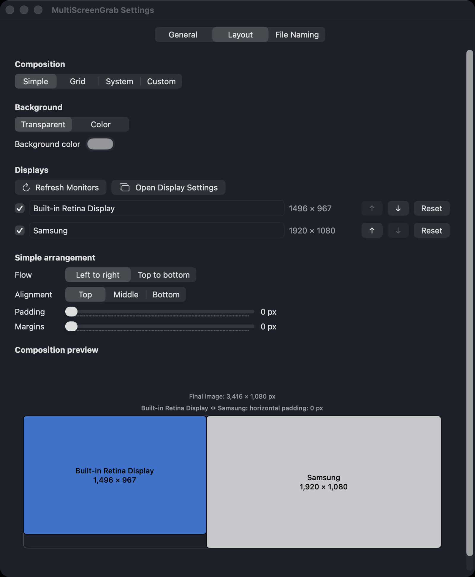 Simple horizontal layout selected in MultiScreenGrab settings