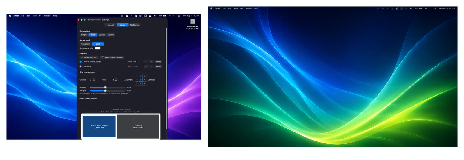 Grid layout mode selected in MultiScreenGrab settings with a two-display composition preview