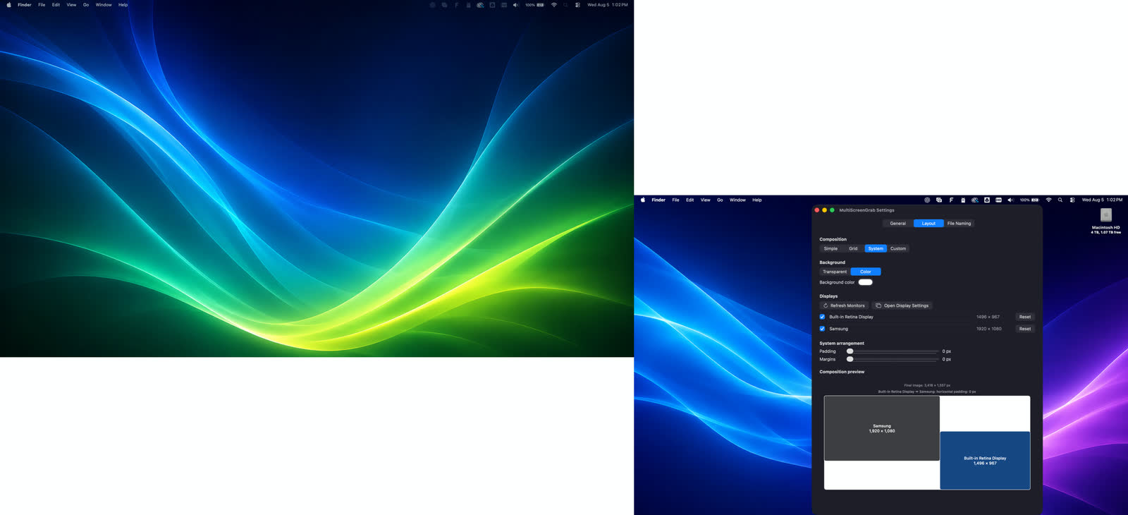 System layout settings with a preview of the final image
