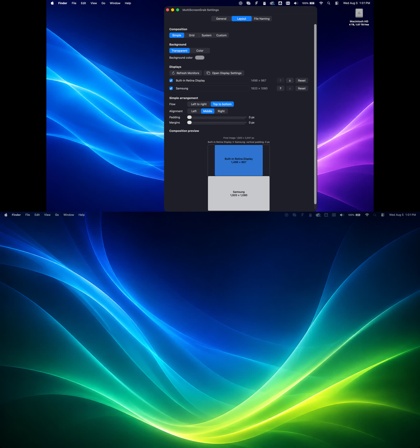 A finished multi-display capture composed vertically