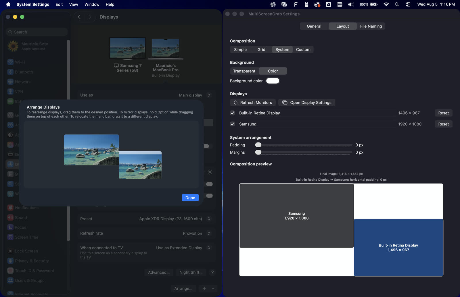 macOS display arrangement shown next to MultiScreenGrab System layout settings