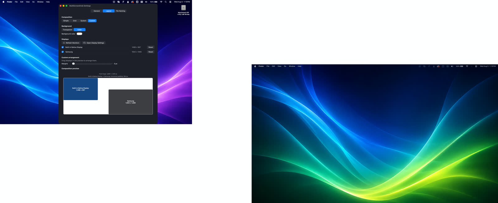 Custom layout settings with displays placed independently