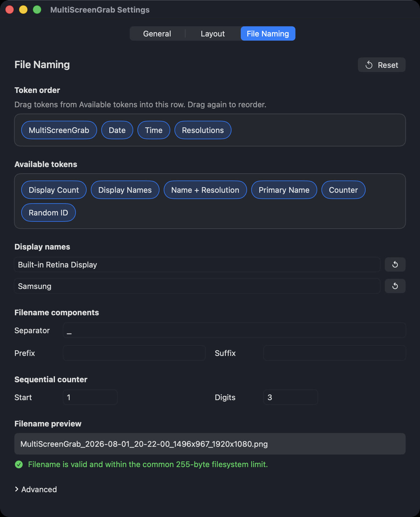 MultiScreenGrab File Naming settings with filename tokens and preview